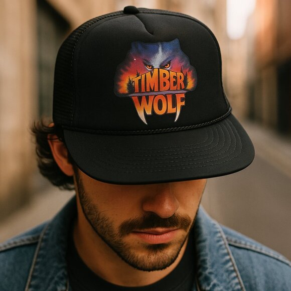 Vintage 80s Timber Wolf Trucker Hat – Black Mesh Snapback Cap, Graphic Wolf Logo - Picture 1 of 9